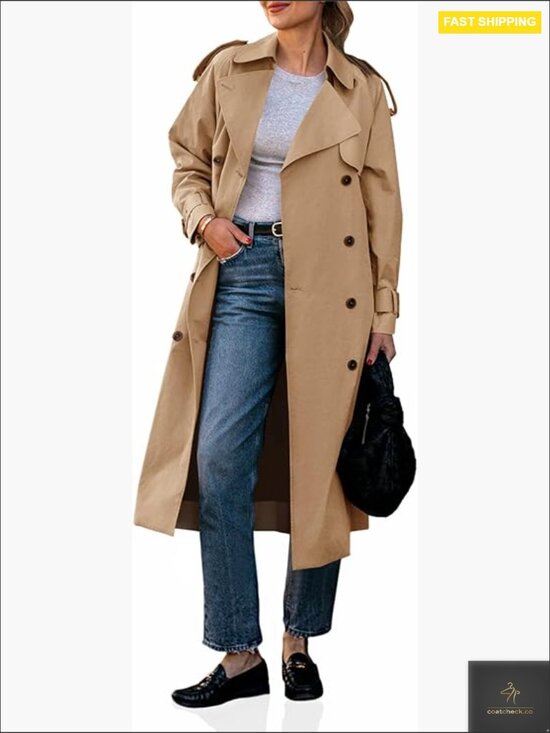 Jackets & Blazers - Classic Trench Coat Long Double Breasted Elegant Fall Overcoat with Belt